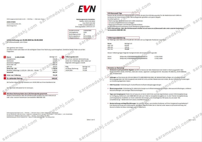 Austria EVN electricity utility bill 5 pages 1 2
